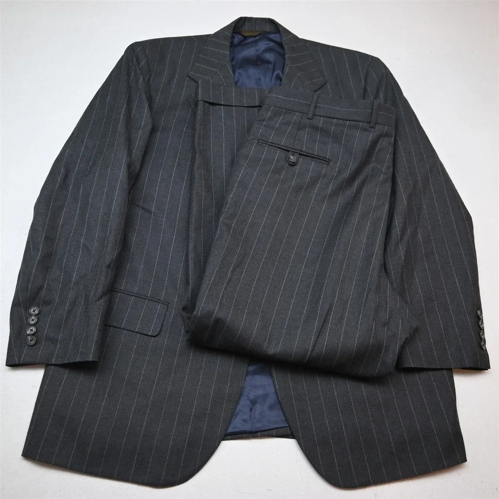 Vtg USA Southwick 43S 38x29 Gray Striped 100% Wool Flannel Jacket Pants Suit